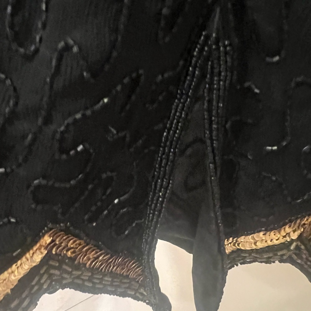VINTAGE Size M LAWRENCE KAZAR black gold sequin cocktail dress with slit - Picture 8 of 16